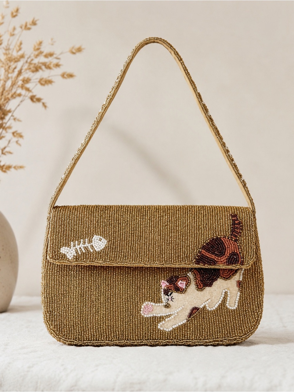 Sol And Mer Gold Beaded Cat Shoulder Bag Handbag Purse NWT